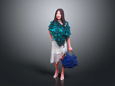 Woman Wearing Green Ruffled Top White Lace Skirt Holding Blue Floral Handbag on Grey Background 3d model