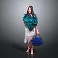 Woman Wearing Green Ruffled Top White Lace Skirt Holding Blue Floral Handbag on Grey Background