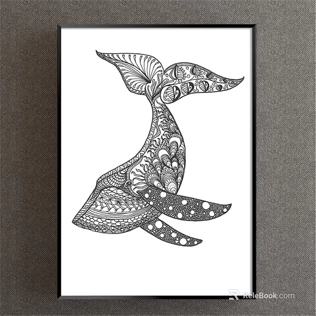 Whale Tail Animal Drawing with Intricate Black and White Patterns for Decorative Wall Art 3d model 