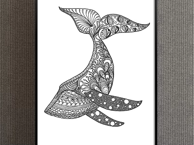 Whale Tail Animal Drawing with Intricate Black and White Patterns for Decorative Wall Art 3d model