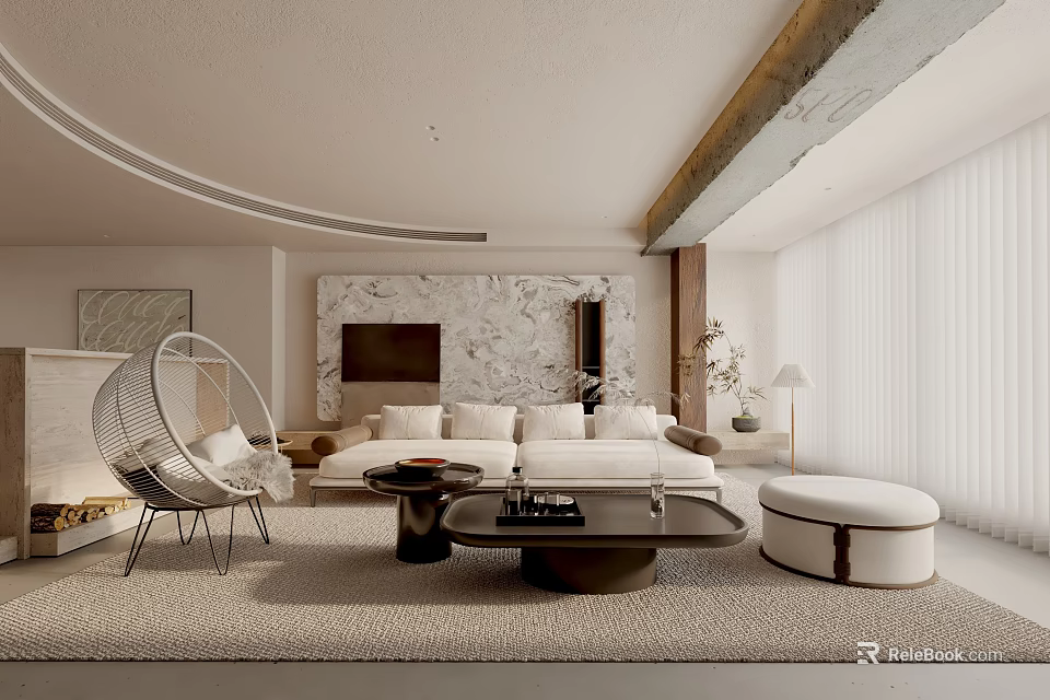 Living Room Interior With Marble Wall White Sofa Curved Hanging Chair Coffee Table And Ottoman 3d model 