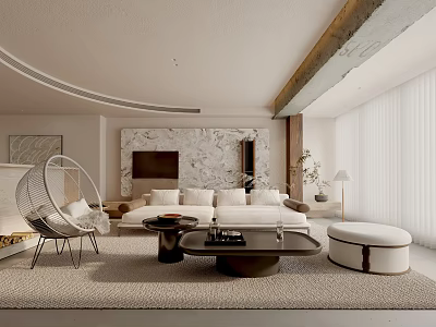 Living Room Interior With Marble Wall White Sofa Curved Hanging Chair Coffee Table And Ottoman 3d model