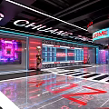 Modern Showroom Interior With Neon Lights Display Cabinets And Glossy Floor Design 3d model