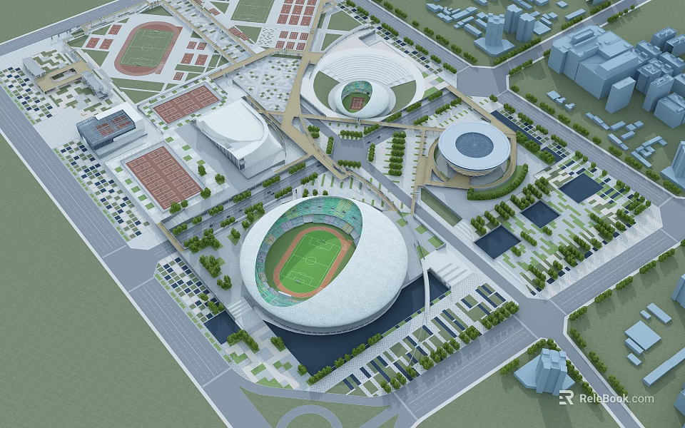 Aerial View of Modern Sports Complex with Multiple Stadiums Green Spaces and Roads 3d model 