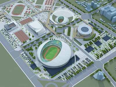 Aerial View of Modern Sports Complex with Multiple Stadiums Green Spaces and Roads 3d model