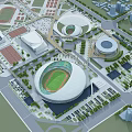 Aerial View of Modern Sports Complex with Multiple Stadiums Green Spaces and Roads