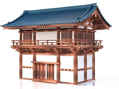 Traditional Ancient Architecture With Blue Tiled Roof Wooden Structure White Walls And Second Floor Railing 3d model