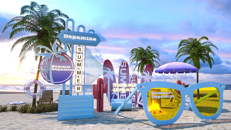 Summer Beach Event Setup With Palm Trees Sunglasses Decor And Signage 3d model 