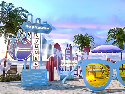 Summer Beach Event Setup With Palm Trees Sunglasses Decor And Signage 3d model