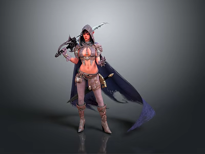 Warrior Woman in Fantasy Armored Costume with Weapons and Flowing Cloak 3d model