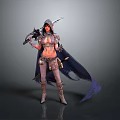Warrior Woman in Fantasy Armored Costume with Weapons and Flowing Cloak
