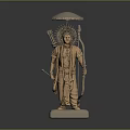 Golden Deity Character Statue With Umbrella Headdress Arrows Staff And Stone Base
