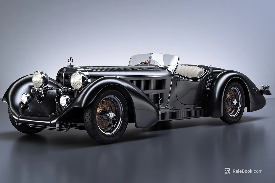 Vintage Black Convertible Classic Car With Retro Design And Open Top 3d model 
