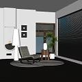 Modern Comfortable Lounge Chair In Minimalist Interior With Round Rug Potted Plants And Floor Lamp