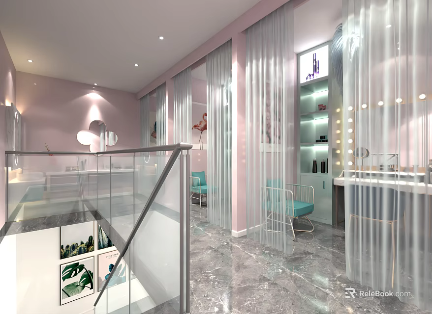 Modern Beauty Salon Interior With Pink Walls Glass Partitions Marble Flooring And Cosmetic Display Shelves 3d model 