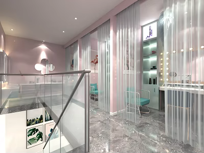 Modern Beauty Salon Interior With Pink Walls Glass Partitions Marble Flooring And Cosmetic Display Shelves 3d model