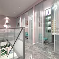Modern Beauty Salon Interior With Pink Walls Glass Partitions Marble Flooring And Cosmetic Display Shelves