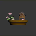 Decorative Pond Scene With Pink Lotus Flowers Green Leaves And Traditional Pagoda