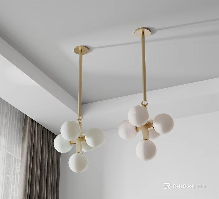 Modern Interior Design With Golden Rod Chandeliers And White Spherical Shades 3d model 