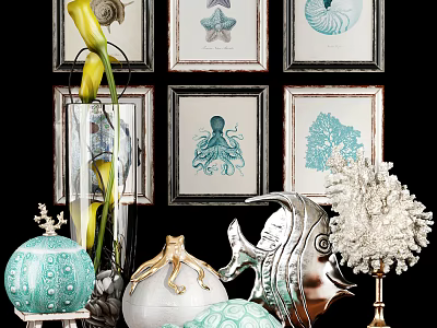 Elegant Decorative Ornament Set with Starfish Octopus Coral Framed Art and Seashell Coral Decor Pieces 3d model