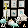 Elegant Decorative Ornament Set with Starfish Octopus Coral Framed Art and Seashell Coral Decor Pieces