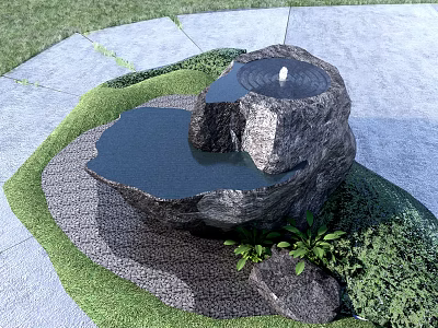 Natural Stone Water Feature Garden Ornament With Pond Surrounding Grass And Green Plants 3d model