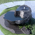 Natural Stone Water Feature Garden Ornament With Pond Surrounding Grass And Green Plants