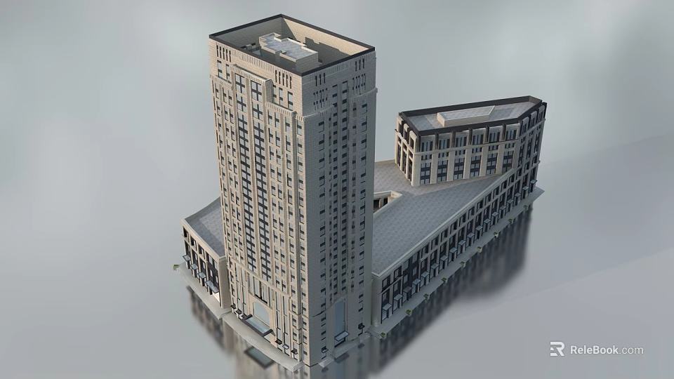 Modern Urban Building Complex With Tall Tower And Adjacent Structures 3d model