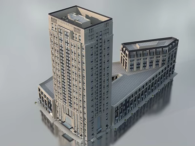 Modern Urban Building Complex With Tall Tower And Adjacent Structures 3d model