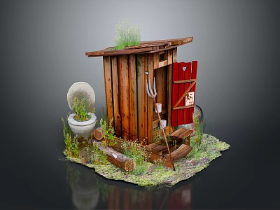 Cartoon Scene Showing Wooden Outhouse Red Door Grass on Roof White Toilet and Surrounding Logs 3d model