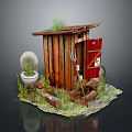 Cartoon Scene Showing Wooden Outhouse Red Door Grass on Roof White Toilet and Surrounding Logs