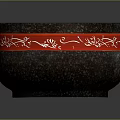 Dark Colored Ceramic Bowl with Red Exterior Band and White Floral Patterns