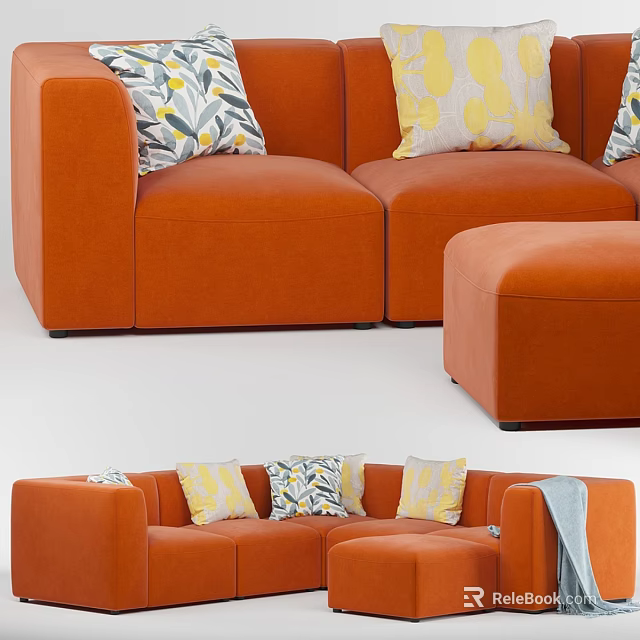 Orange Two Seater Sofa with Patterned Cushions and Matching Ottoman and Gray Blanket 3d model