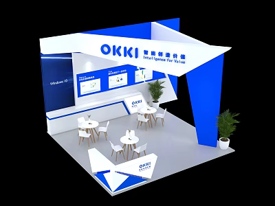 OKKI Exhibition Booth Design With Blue Structure Tables Chairs Plants And Display Screens 3d model
