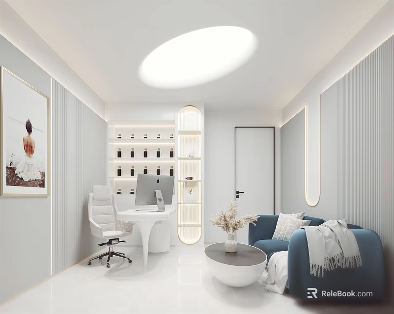 Modern Office Interior With White Desk Blue Sofa Wall Painting And Round Ceiling Light 3d model 