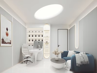 Modern Office Interior With White Desk Blue Sofa Wall Painting And Round Ceiling Light 3d model