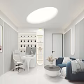 Modern Office Interior With White Desk Blue Sofa Wall Painting And Round Ceiling Light