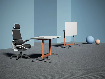 Modern Office Desk Interior With Ergonomic Chair Whiteboard And Colorful Balls 3d model