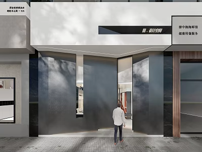 Modern Storefront Facade Design With Black Material Glass Door Entrance And Person Entering 3d model