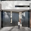 Modern Storefront Facade Design With Black Material Glass Door Entrance And Person Entering