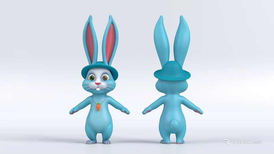 Blue Rabbit Doll With Long Ears Hat And Carrot Front Back View 3d model 