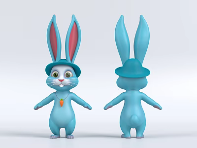 Blue Rabbit Doll With Long Ears Hat And Carrot Front Back View 3d model