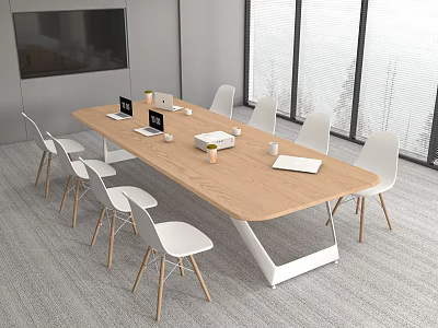 Modern Wooden Conference Table With White Chairs Laptops Documents And Large Screen 3d model