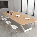 Modern Wooden Conference Table With White Chairs Laptops Documents And Large Screen