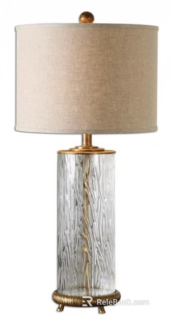 Elegant Table Lamp With Beige Fabric Lampshade Clear Glass Base And Gold Accents 3d model 