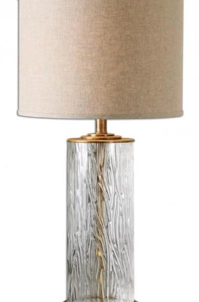 Elegant Table Lamp With Beige Fabric Lampshade Clear Glass Base And Gold Accents 3d model