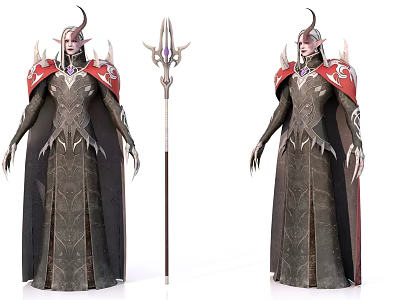 Mythical Game Character With Horns Pointed Ears Dark Robe And Trident Weapon 3d model