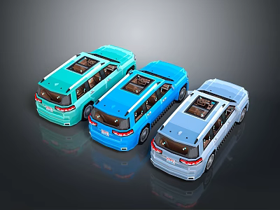 Three Different Colored Minivans With Sunroofs In Rear View On Dark Background 3d model