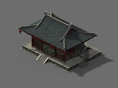 Ancient Chinese Architectural Design With Tiled Roof Red Pillars And Stone Steps 3d model