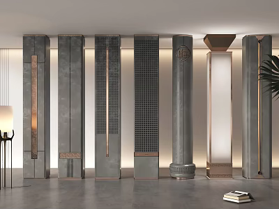 Modern Decorative Columns with Various Textures Metal Accents and Architectural Details in Contemporary Interior Space 3d model